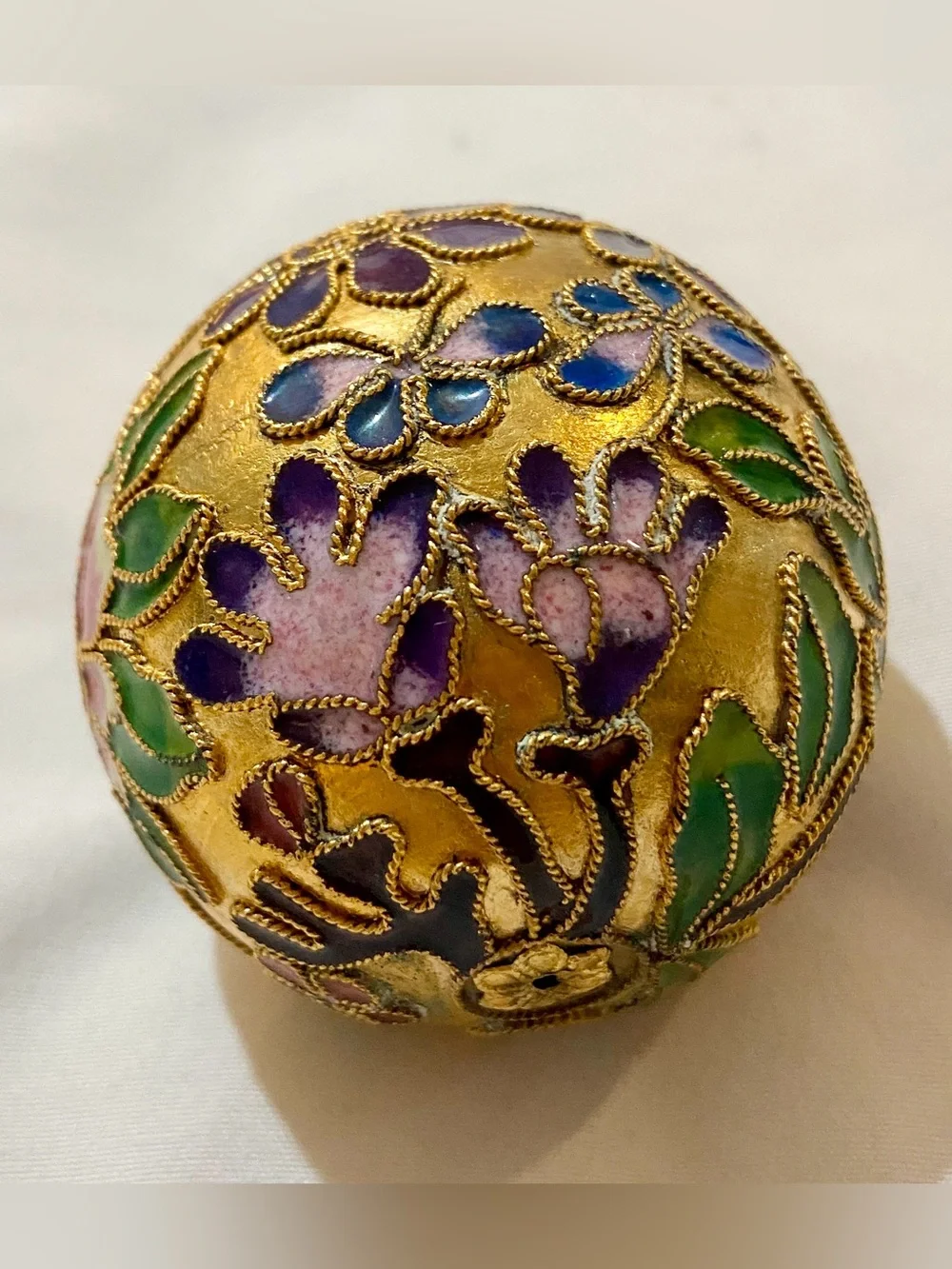 Beautiful Vintage Cloisonné Christmas Ornament Gold, Purple Pink & Green Flowers